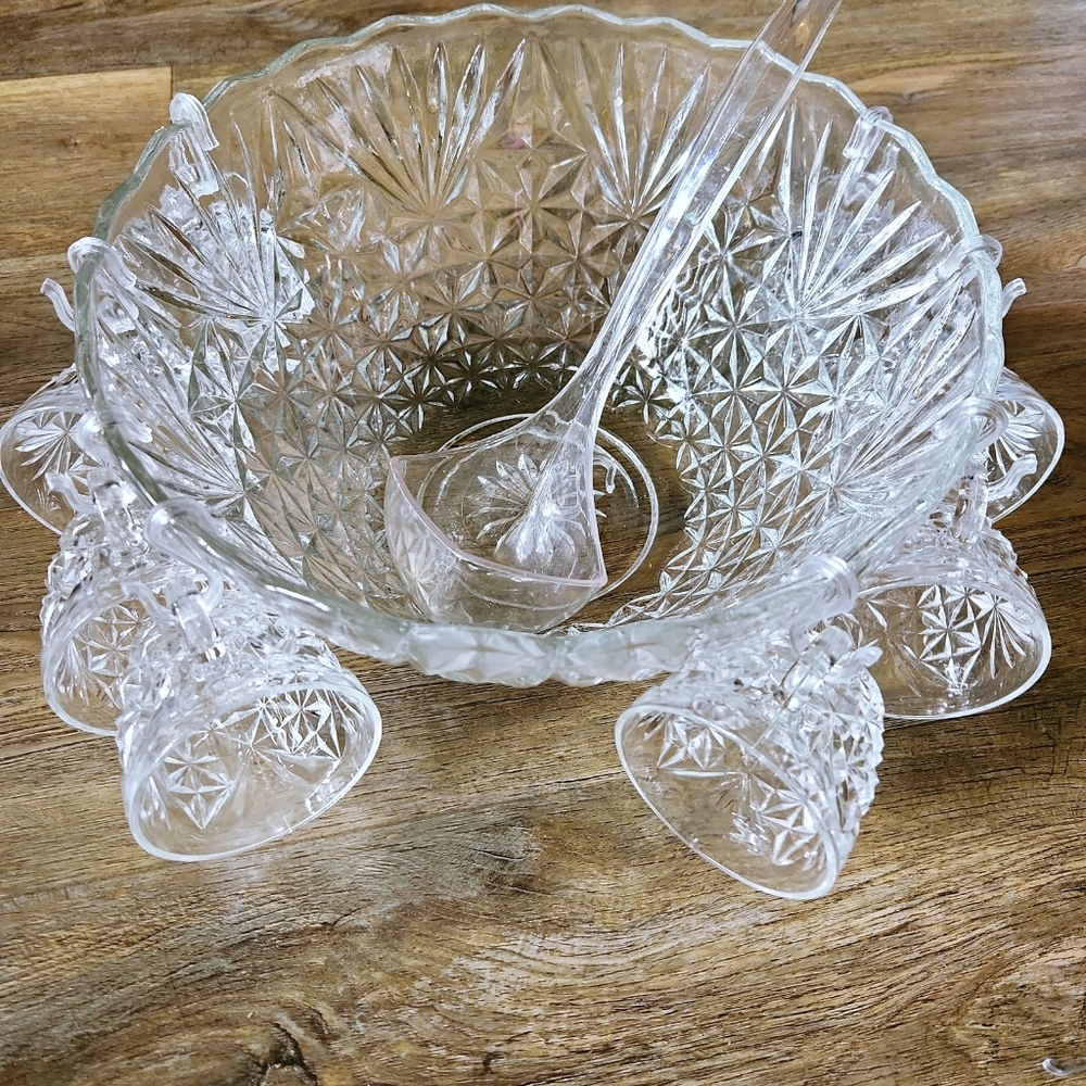 Vintage 1960s Press-Cut Crystal Punch Bowl and Cups
